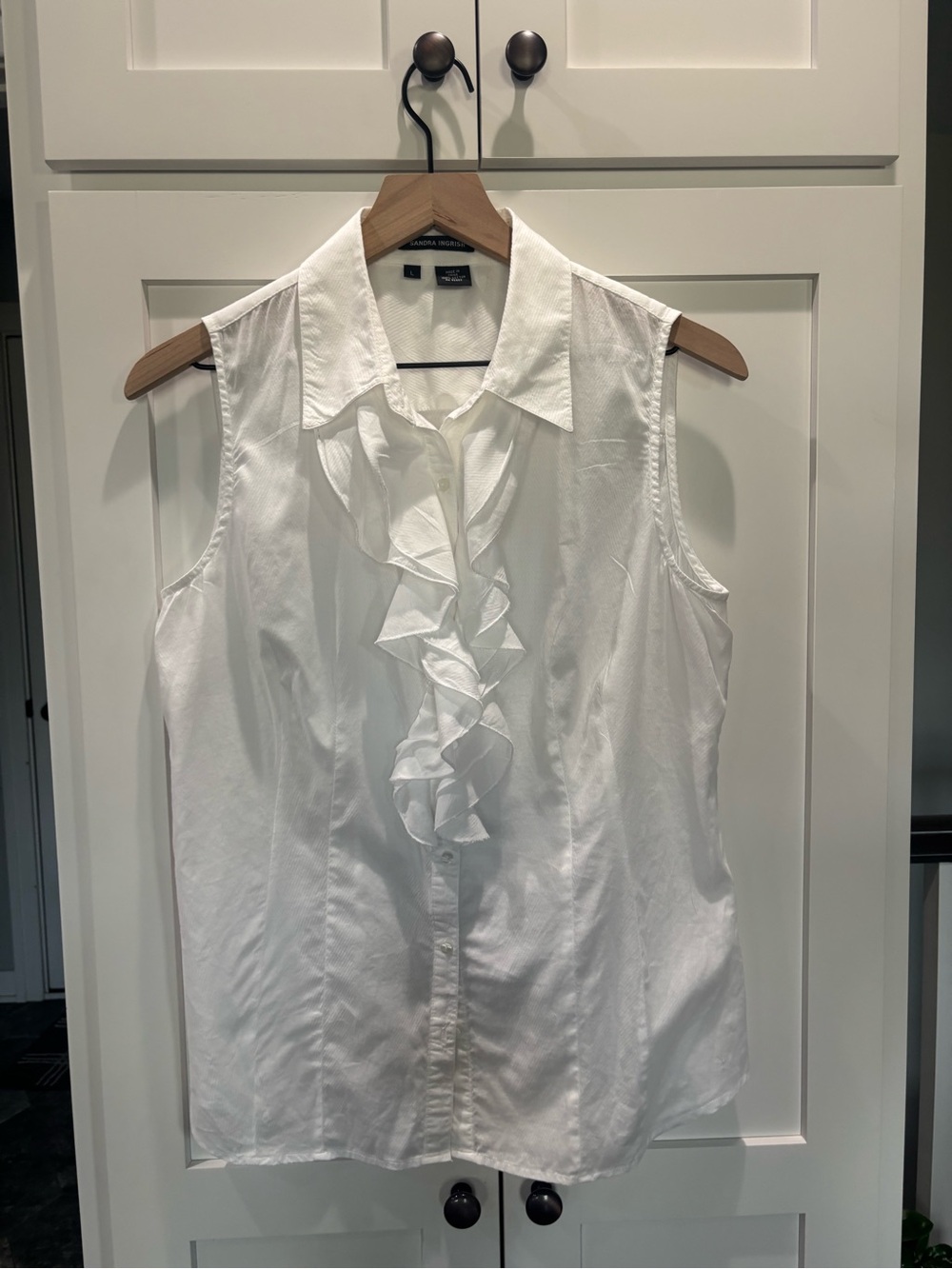 🌸Sandra Ingrish White Ruffle-Front Cotton Blouse